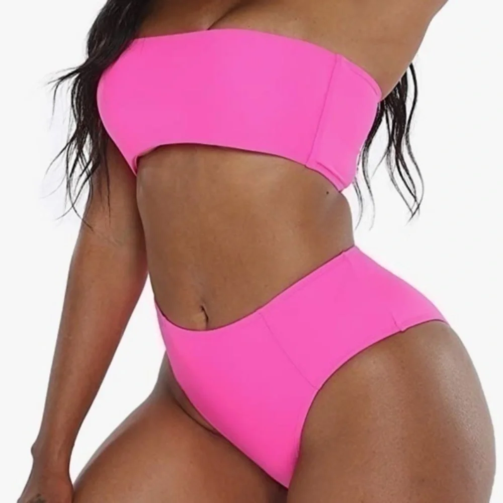 High Waist Bikini Two Piece Bandeau Neon Pink